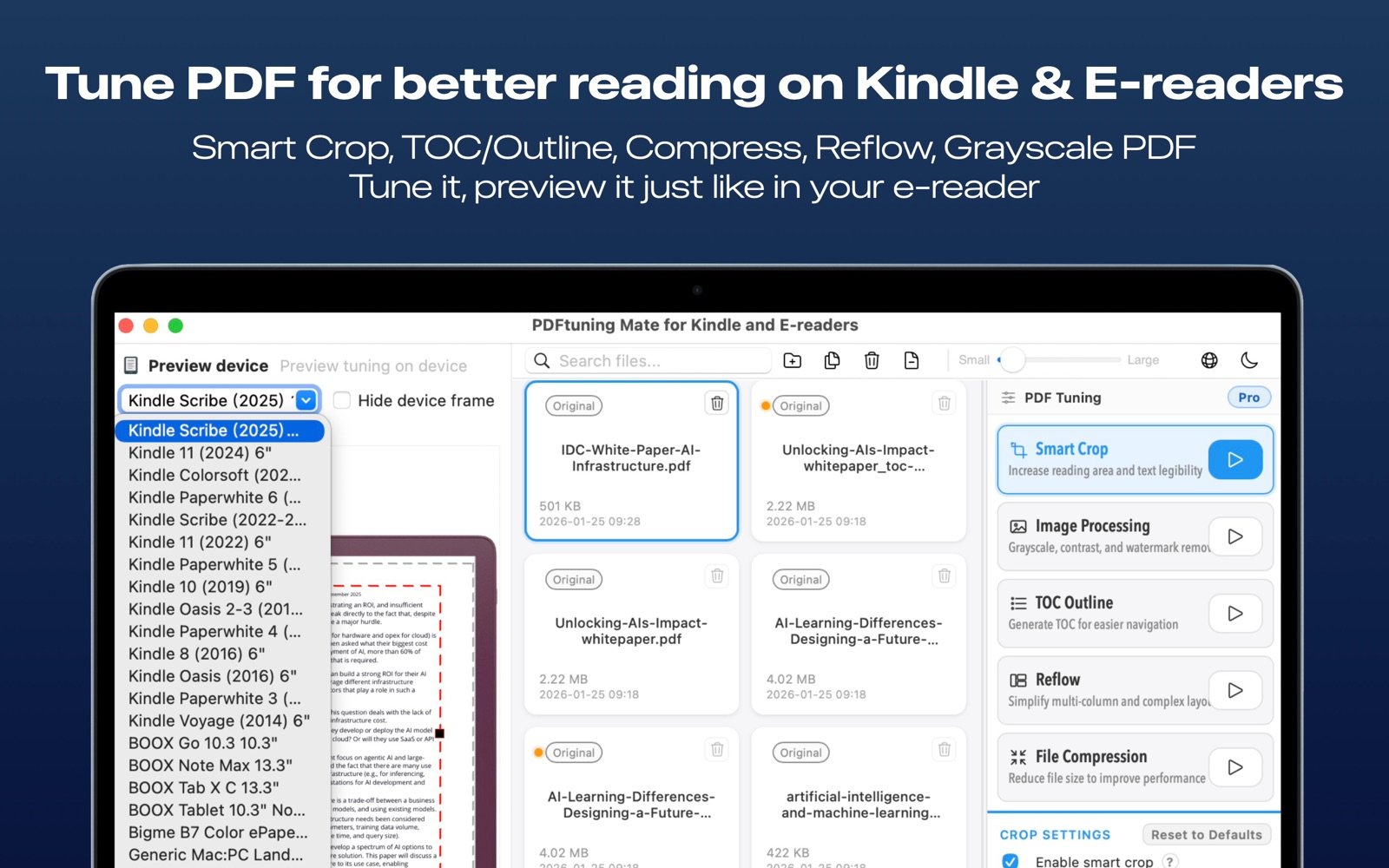 PDF Tuner for Mac showing PDF optimization and reading previews