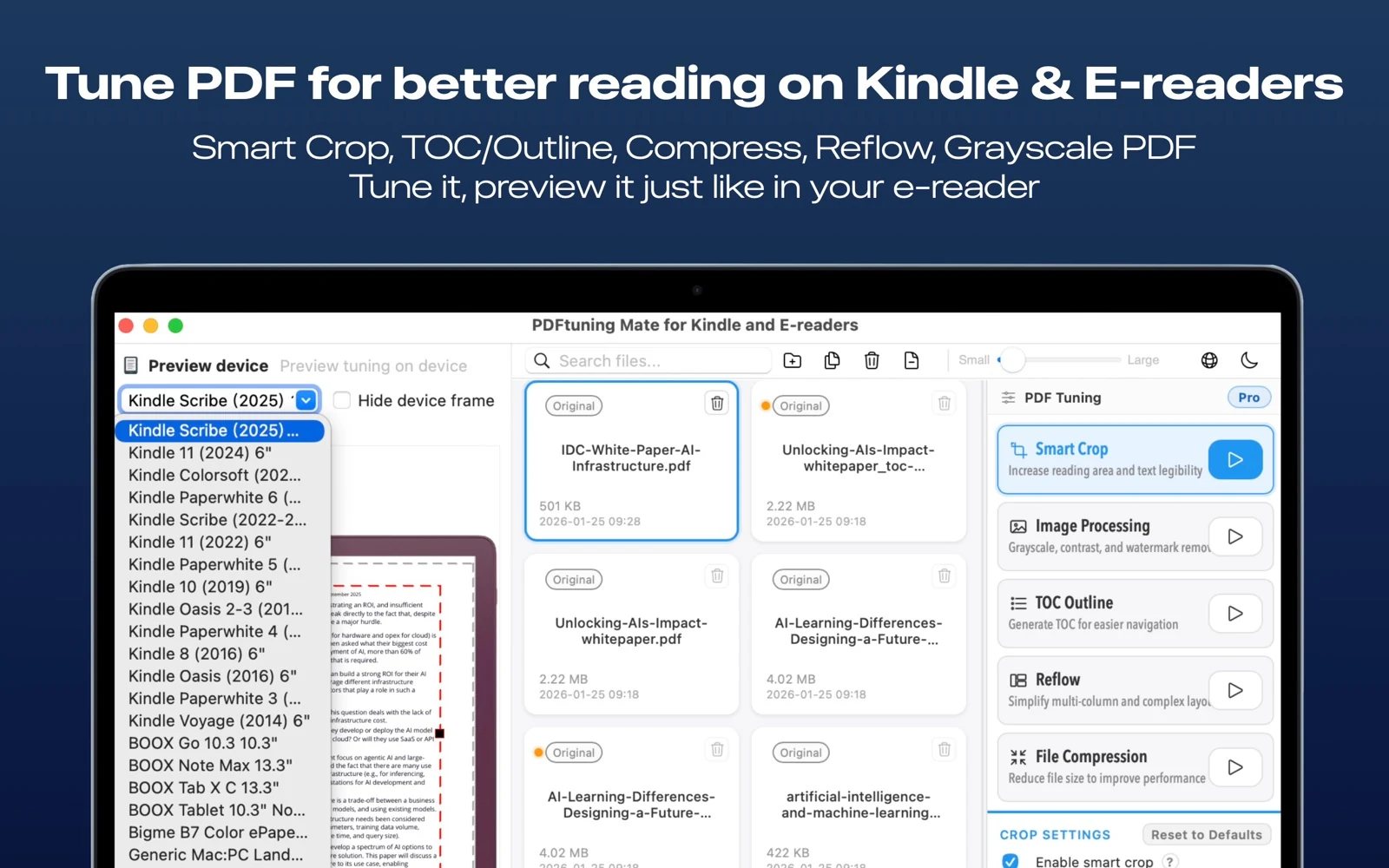 PDF Tuner for Mac showing PDF optimization and reading previews