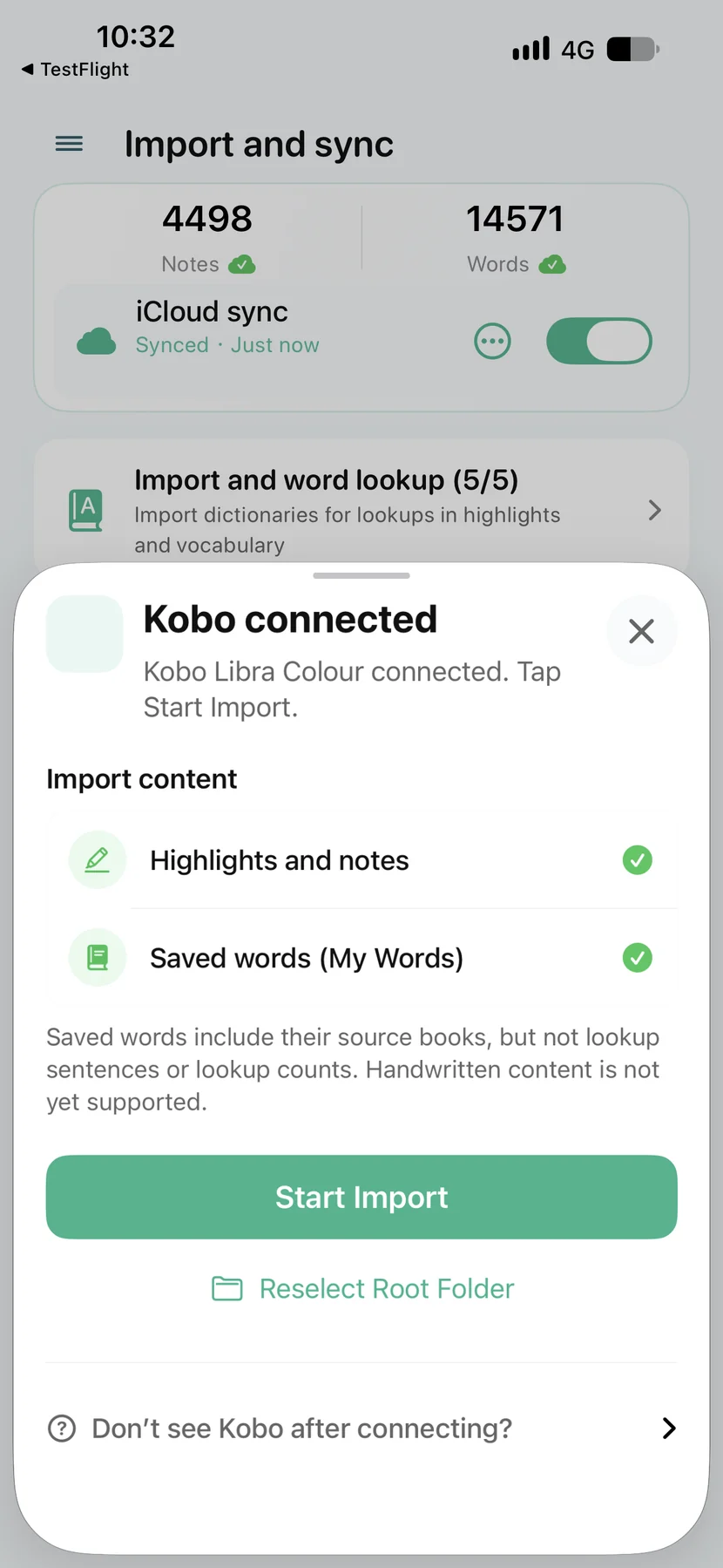 Kobo のハイライト、関連メモ、My Words を取り込み、色と書籍の出典を保持。再取り込み時は自動で重複を除去